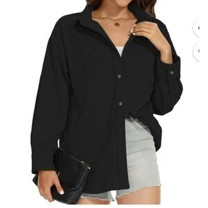 Fantaslook‎ Womens Black Corduroy Oversized Button Down Shirt Shacket Size M NEW